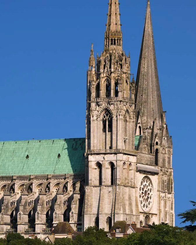 Chartres Cathedral tower and rose window detail