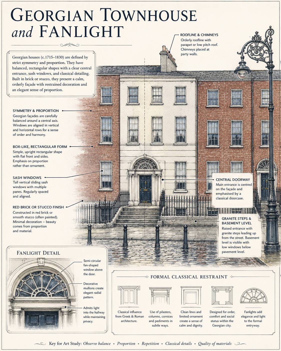 Labelled Georgian townhouse and fanlight study sheet