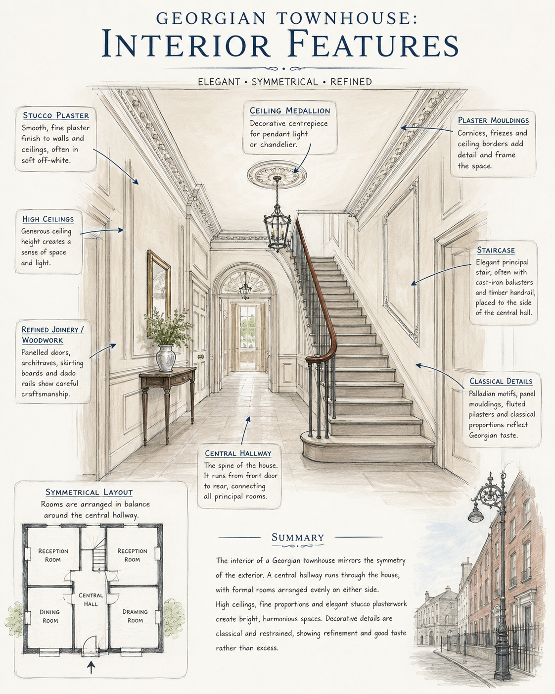 Labelled Georgian townhouse interior features study sheet